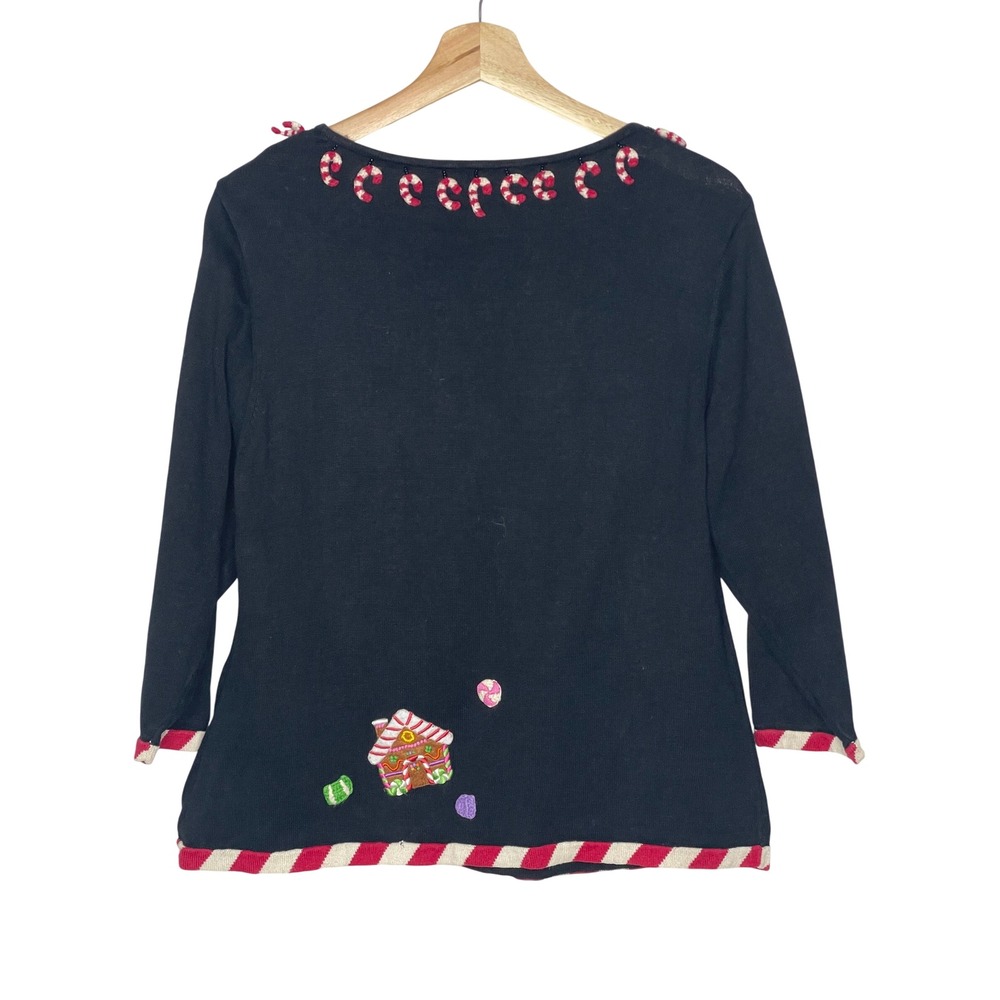 Womens Black Christmas Holiday Sweater Gingerbread House Candy Cane Beaded L
